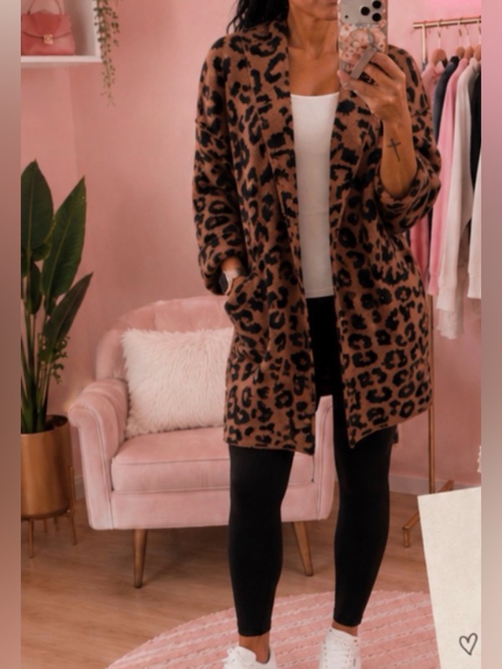 Time and Tru Brown and Black Leopard Print Open-Front Cardigan